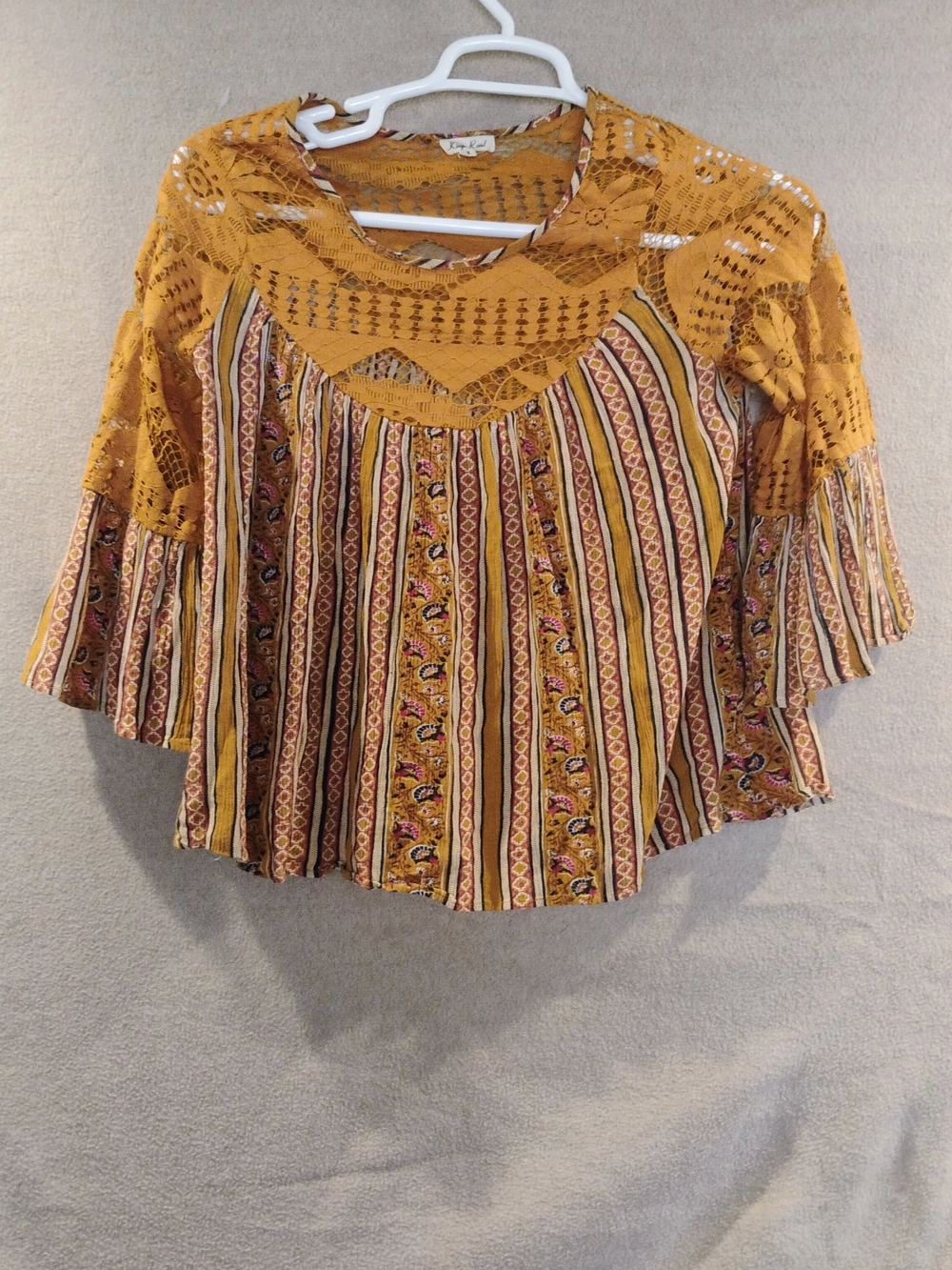 Crochet Yoke Striped Peasant Blouse - Mustard